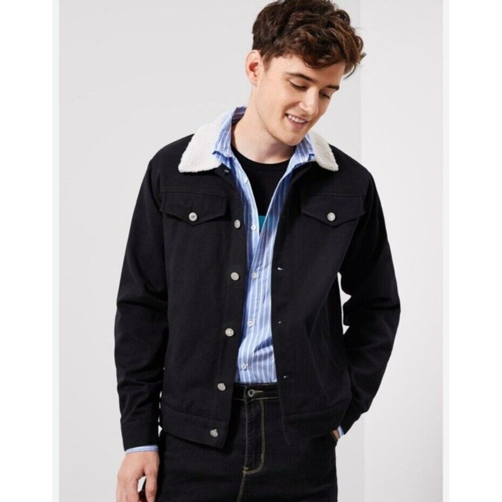 TRADEMARK BROOKLYN CLOTH MENS SHERPA-LINED DENIM TRUCKER JACKET BLACK RARE SZ S